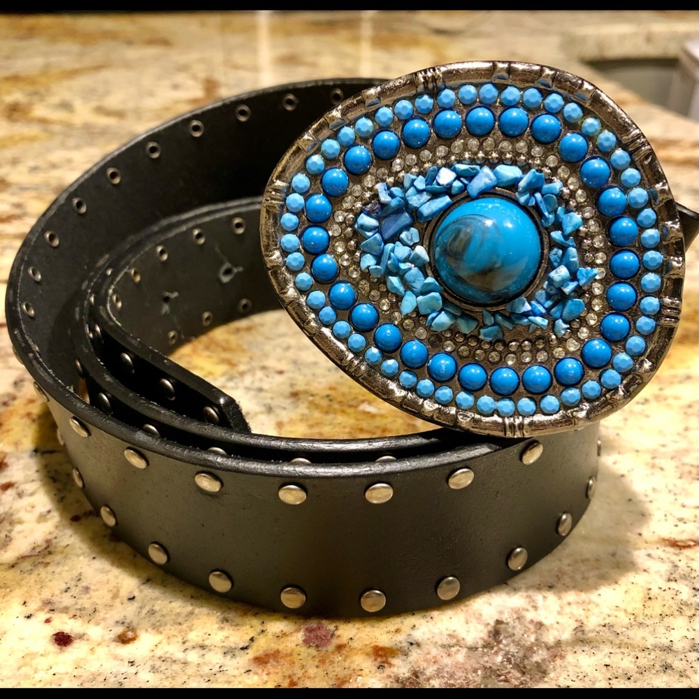 Black Bonded Leather Belt Silver Studs & Buckle Turquoise Colored Inlay Sz XL
